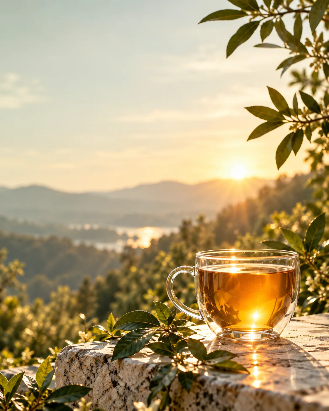 Illustrative amber botanical tea catching the morning sunlight